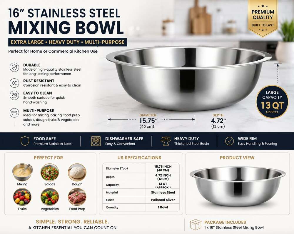 16 Inch Stainless Steel Mixing Bowl, 13 QT Extra Large Heavy Duty Multi-Purpose